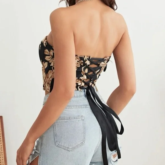 Boho blue floral print lace up back satin bustier corset tube top - Picture 8 of 16